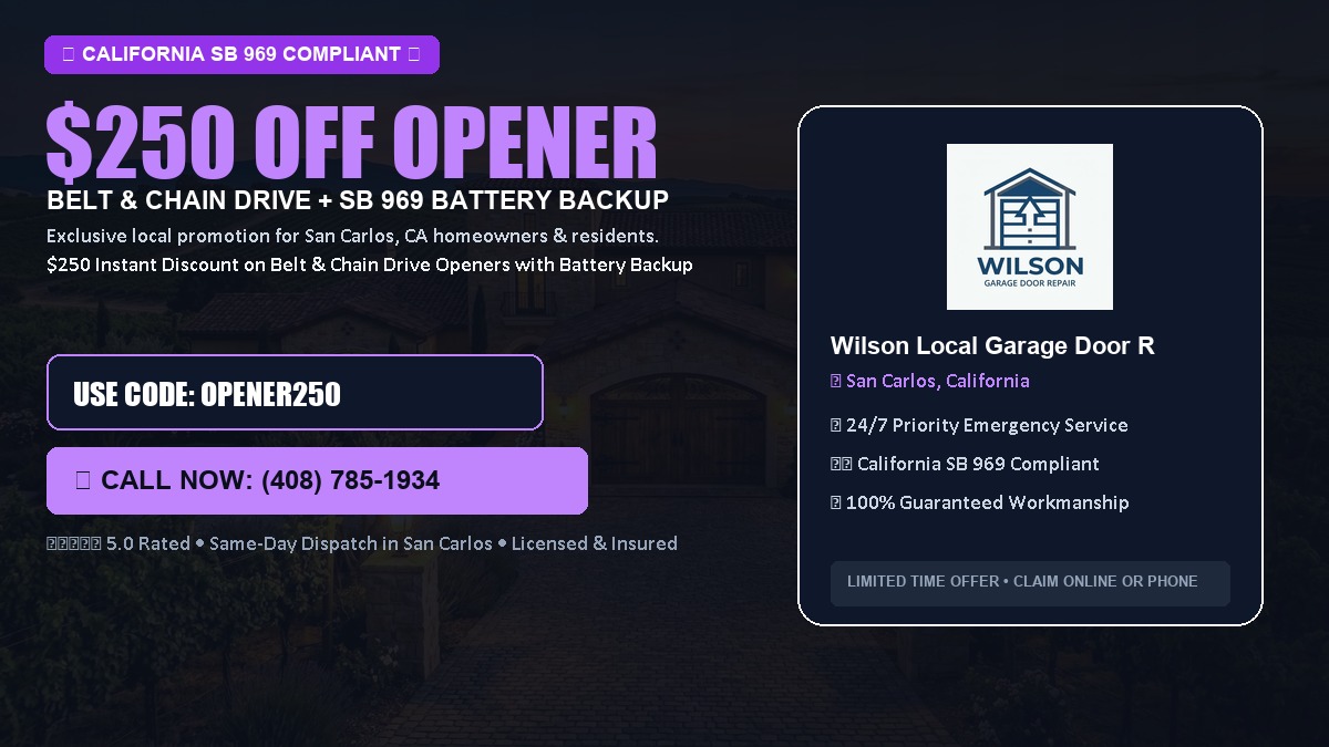 $250 OFF Smart Garage Door Opener Installation (Belt & Chain Drive with California SB 969 Battery Backup) in San Carlos, CA